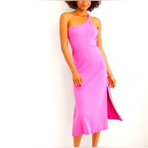 AERIE Pink Ribbed One Shoulder Midi Dress